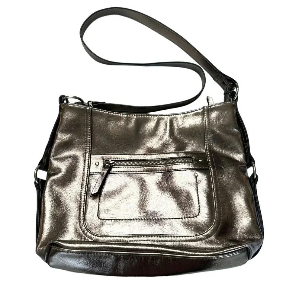 INC International Concepts Shoulder Bag Medium Pewter Metallic Faux Leather Hobo